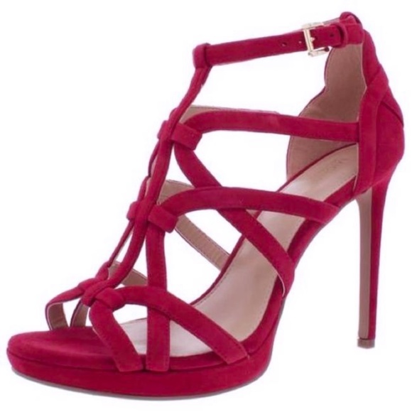 Michael Kors Sandra Silhouette Platforms Red Burgundy Suede Leather Sandals Heel - Picture 5 of 12